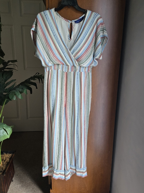 Blue Rain Pants - Blue Rain Striped Jumpsuit in White, Blue, Pink and Tan